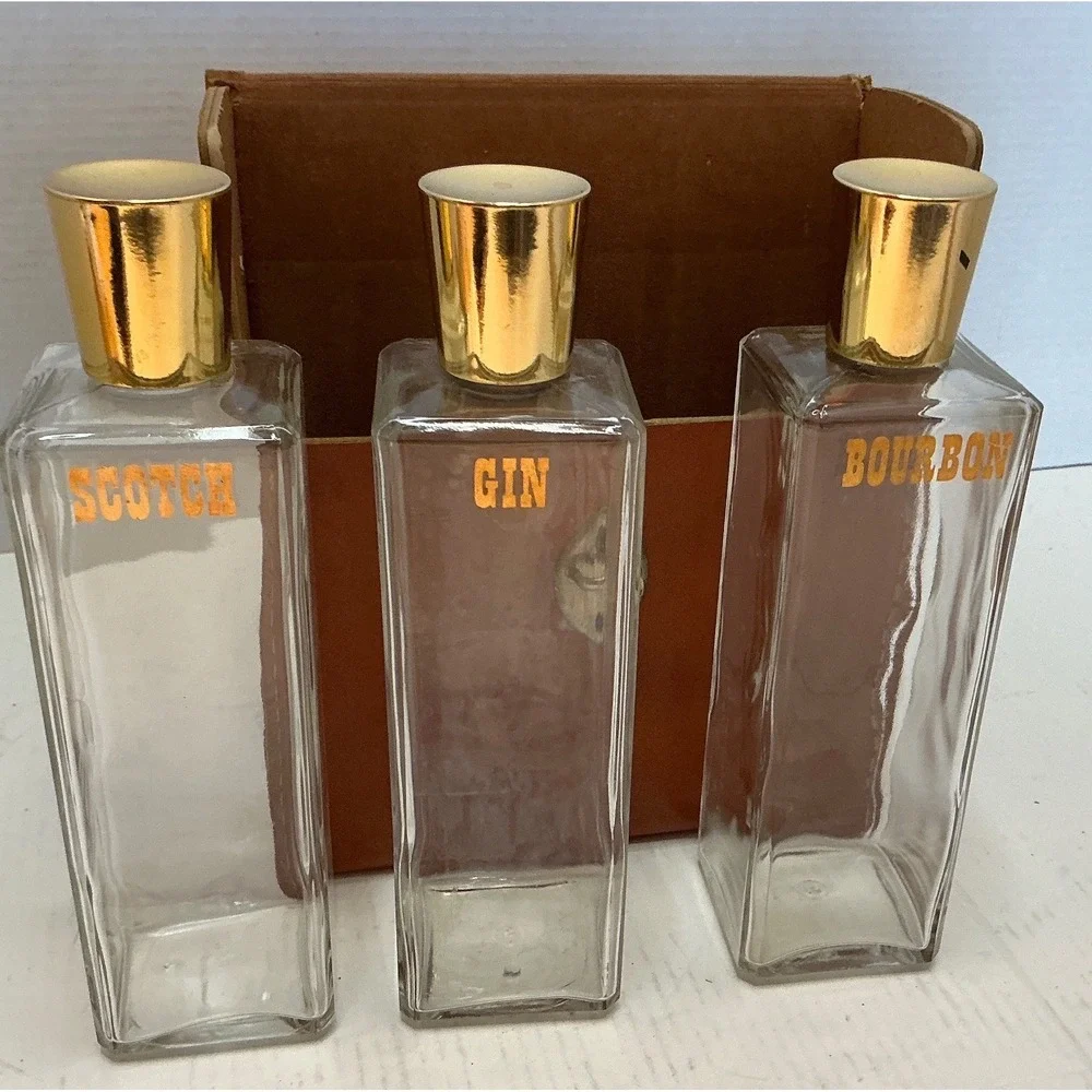 Vintage Travel Bar Set 3 Glass Decanters Bourbon Scotch Gin Faux Leather Case